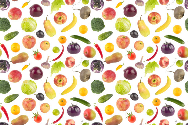 大集新鲜水果和蔬菜于一身的白色。无缝模式。图片下载