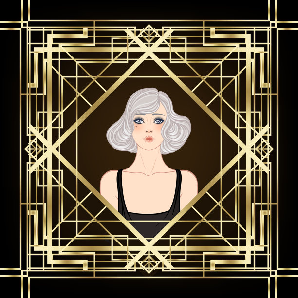 装饰艺术复古邀请模板设计与插图扑女孩的模式和框架。复古派对背景设置在20世纪20年代的风格。魅力事件矢量图片下载