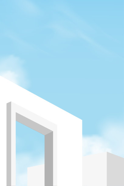 墙混凝土与3D开放的窗户对蓝天和云，外部屋顶白色水泥建筑，蚂蚁视图最小的现代建筑。与夏天的天空背景背景的春天，夏天图片下载