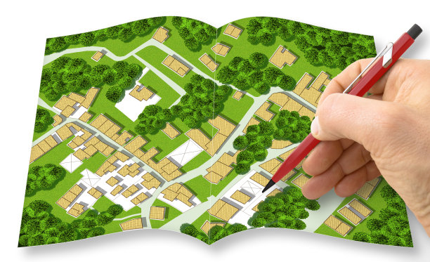 三维渲染打开图片集的虚构城市地图，包括住宅楼、道路、花园、绿地和树木——绿色城市概念图图片下载