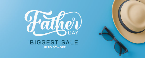 蓝色背景，戴着帽子和眼镜。文字上写着父亲节和大减价图片下载