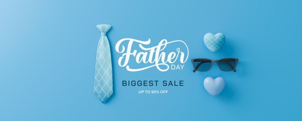 蓝色背景，领带，一副太阳镜和一颗心。文字上写着父亲节最大的促销图片下载
