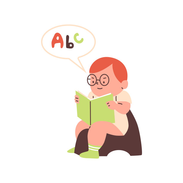 可爱的男婴戴着眼镜坐在便盆上读书，矢量卡通幼儿学习字母，卫生图片下载
