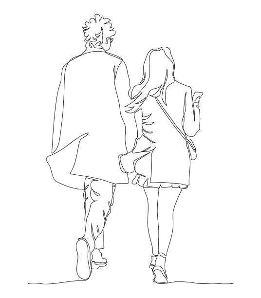 一对夫妇走开了。女人用电话，男人戴眼镜。后面的观点。连续线条绘制。黑白矢量插图在线艺术风格。图片下载