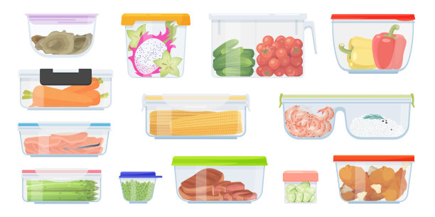 塑料或玻璃午餐食品储藏容器套装，熟肉和鱼，新鲜蔬菜图片下载