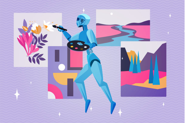 艺术内容生成器，机器人的创造力与画笔和调色板飞画图片下载