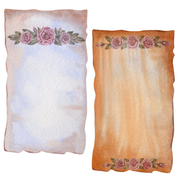 两张水彩空白的老式羊皮纸，上面有半抹去的维多利亚时代的玫瑰图案，用于邀请、信件剪贴簿、古董店标签、菜单、背景、图书日卡图片下载