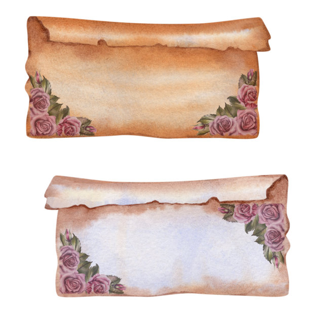 两张水彩空白的老式羊皮纸，上面有半抹去的维多利亚时代的玫瑰图案，用于邀请、信件剪贴簿、古董店标签、菜单、背景、图书日卡图片下载