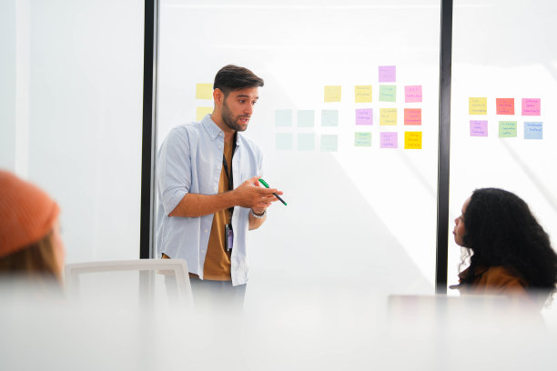 自信的男性领导者主持了一个研讨会，用玻璃墙上的便利贴向同事解释自己的想法。图片下载