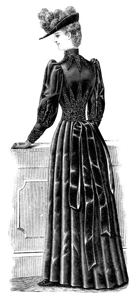19世纪90年代维多利亚时代的时尚，女士步行裙与羊腿袖，黄蜂腰和Bycocket帽图片下载