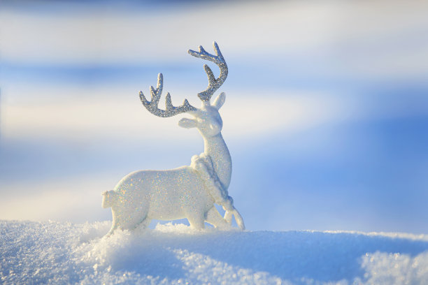 圣诞冬季背景-在冬季森林的雪堆上，一只冰鹿在冬日的阳光下闪闪发光图片下载