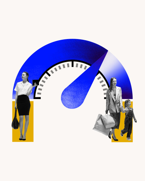 从商业事务到家庭责任。速度计指针从一边到另一边显示工作和家庭之间的平衡能力。当代艺术拼贴。图片下载