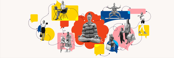 优先考虑家庭、个人健康和事业的重要性。平衡工作、家庭、家务和个人生活的年轻女性。当代艺术拼贴。图片下载