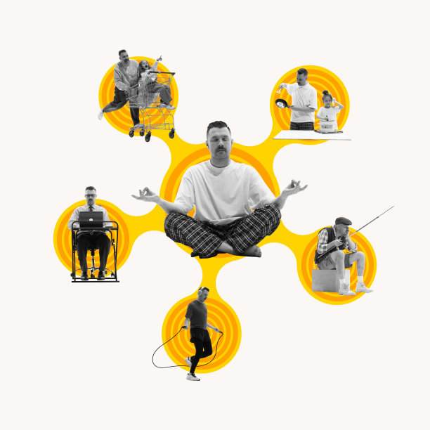 男人以冥想的姿势坐着，展示他的多任务处理能力，花时间陪女儿，工作，做运动，爱好。当代艺术拼贴。图片下载