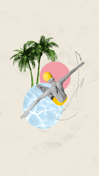 当代艺术拼贴。抽象的艺术作品。在炎热的夏日里，穿着泳衣的男子跳入清澈的水中，让自己恢复精神。图片下载