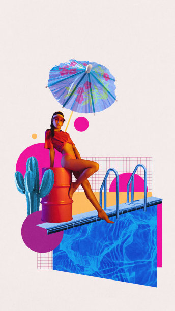 穿着泳装和t恤的年轻女子站在游泳池附近。游泳、日光浴。当代艺术拼贴。图片下载