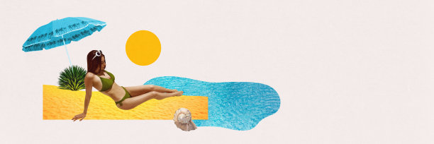 穿着绿色泳装的年轻女子躺在海边晒日光浴。当代艺术拼贴。图片下载