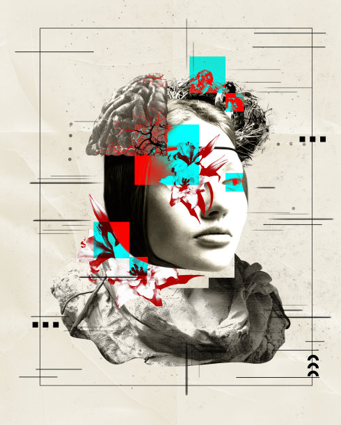 女人与大脑覆盖和抽象口音纹理背景。概念艺术。神经科学，人类大脑的美丽和复杂。图片下载