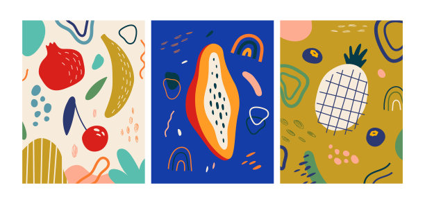 一组抽象的水果海报。现代矢量插图。用于内饰，卡片，封面图片下载