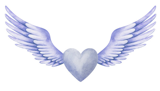 水彩插画：手绘蓝色爱心与海蓝翅膀，丘比特，小天使，情人节爱心卡图片下载