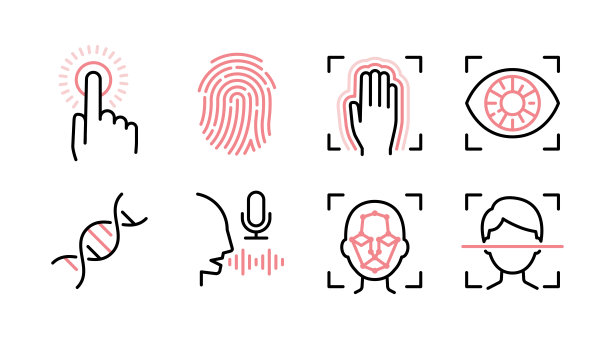 生物识别认证的图标集，指纹，手掌静脉，虹膜，DNA，声音，和脸，可变线宽图片下载