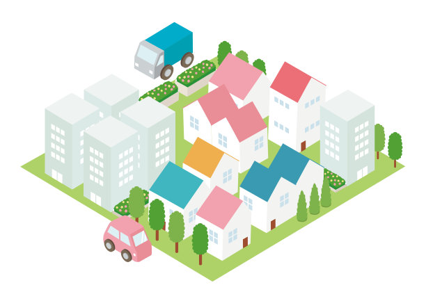 房子在城镇风景中的景色。等距插图。图片下载