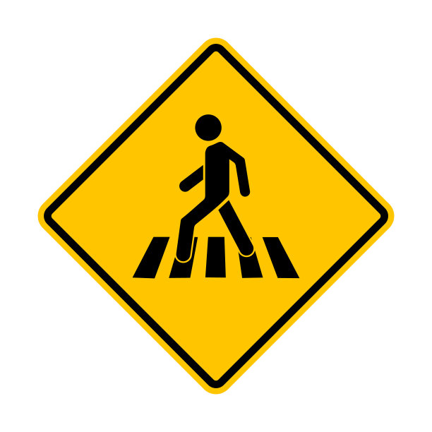 行人过街标志。黄色菱形道路警告标志。钻石路标。菱形路标。过马路、街道、高速公路的地方。图片下载