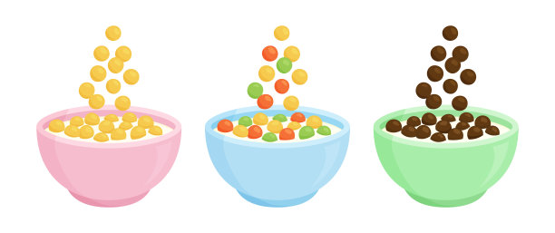 麦片碗牛奶早餐，燕麦食品，水果和巧克力玉米片图标，儿童什锦麦片盘，健康饮食。可爱的矢量插图孤立在白色背景上图片下载