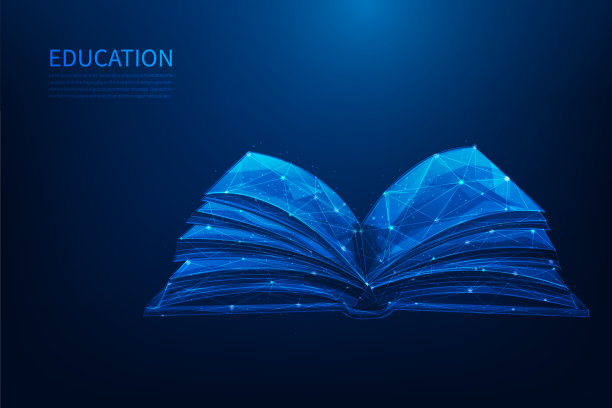 3d打开书，蓝色背景上的教育和知识。在线学习数字低聚线框。矢量插图梦幻般的设计。图片下载
