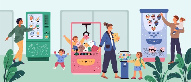 人们在自动售货机买东西。顾客使用带有零食和玩具的电子设备。自动化产品采购。零售家用电器。食品销售设备。格里什矢量概念图片下载