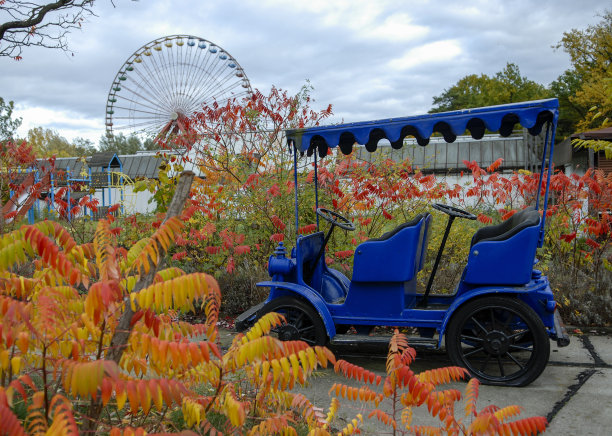位于乡村的废弃游乐园。没有人可以看到。这张照片拍摄于2006年。旧汽车的病态魅力，废弃的游乐园柏林Spreepark，以前被称为文化公园普兰特瓦尔德。图片下载