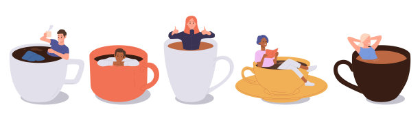 不同的人，卡通人物坐在巨大的咖啡杯里，被隔离在白色的背景上图片下载