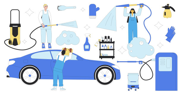 洗车套装。车辆清洁站收集元素隔离在白色背景上。修理汽车修理厂。矢量插图。图片下载