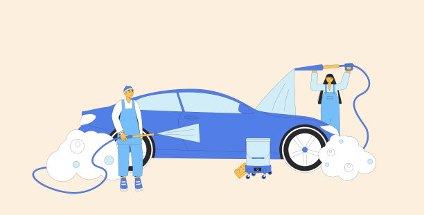 洗车概念。车辆清洁站。修理汽车修理厂。洗车工提供复杂的洗车服务。矢量插图。图片下载
