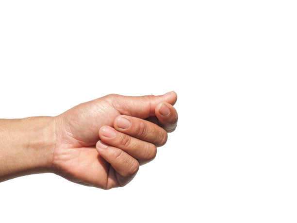 男人的手正在做一个拿着名片或名片，某种文件，身份证或护照的手势。孤立在白色背景上。图片下载