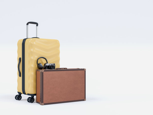 带耳机、相机和旅行配件的旅行箱。旅游暑期概念旅行社广告销售或代理。三维渲染图片下载
