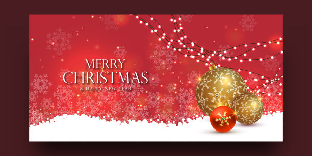 圣诞快乐，金色的球，五彩纸屑，红色的横幅图片下载