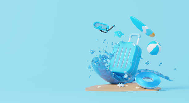 3D渲染，最小的旅游夏季元素在假期与空白空间背景，化妆场景模拟，海滩游泳元素装饰，假日度假概念。图片下载