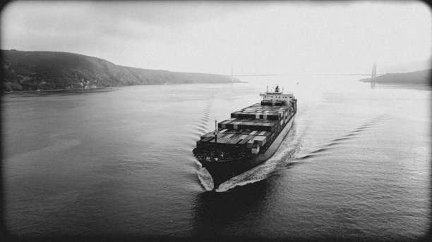 满载货物的集装箱船在海上全速航行的复古照片。鸟瞰图。图片下载