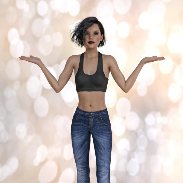 一个瘦弱的年轻女子在彩色背景上举手示意。图片下载