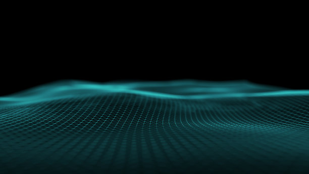 散焦绿色网络波的抽象振动。粒子和点在黑暗的背景下以波浪的形式运动。数码模糊景观。数字山，液体沙沙漠。一片灿烂的地平线图片下载