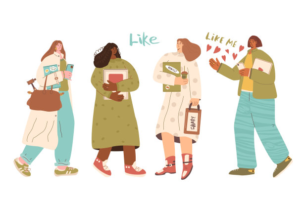 博客字符集。现代的年轻男女拿着相机和笔记本电脑，孤立在白色的背景上。为视频博客创作内容的青少年。博客和社交媒体影响者。矢量平面插图。图片下载