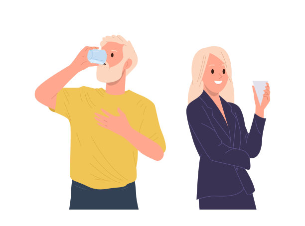 成熟的男人和年轻的女商人卡通人物喝着水享受健康的生活方式图片下载