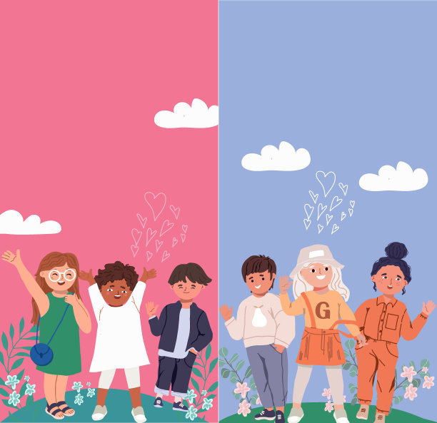 垂直的横幅。一群快乐的孩子。可爱多样欢快的孩子们在庆祝，挥手，问候。快乐兴奋的幼儿园小朋友，小女孩和小男孩。平面图形矢量插图。图片下载