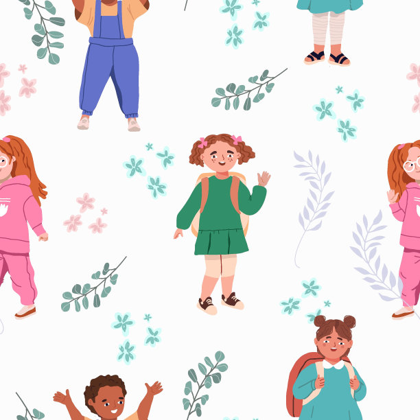 背景，圆圆带着一群快乐的孩子。可爱多样欢快的孩子们在庆祝，挥手，问候。快乐兴奋的幼儿园小朋友，小女孩和小男孩。平的,向量。图片下载
