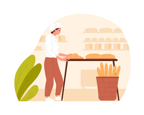 面包店里戴着烘焙帽的制服女人在烤面包图片下载