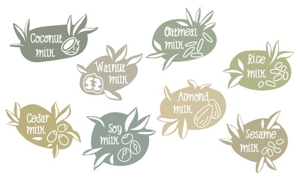 一套蔬菜奶的标签。素食者用各种谷物和坚果制成的牛奶。不含乳糖的牛奶乳制品的替代品。模板横幅，海报，印刷，包装。图片下载