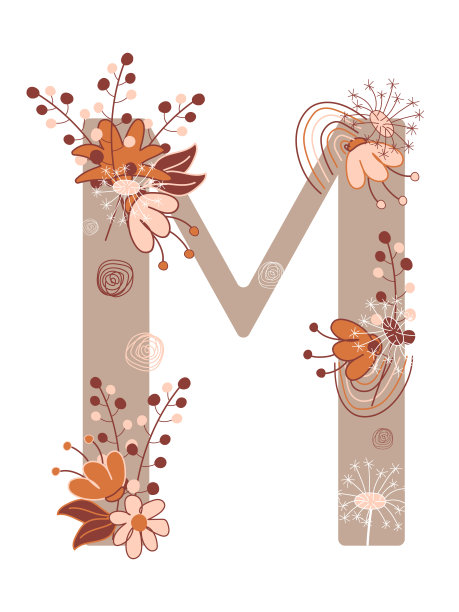由花卉、植物和彩虹组成的图案装饰字母M。图片下载