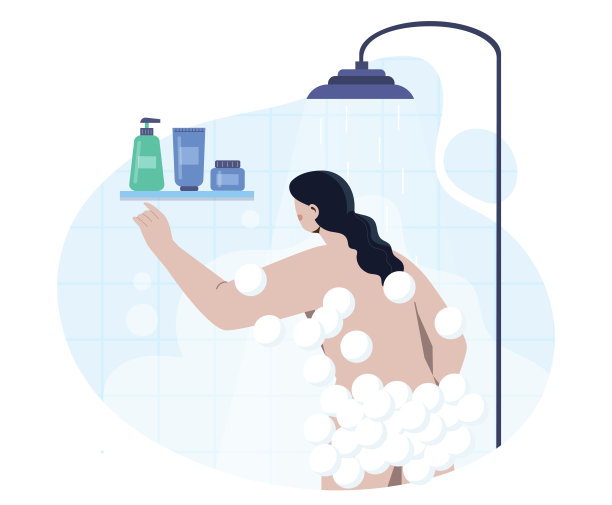 洗澡的女人，在浴室瓷砖背景下被泡沫包围着，代表着清洁和卫生。矢量图图片下载