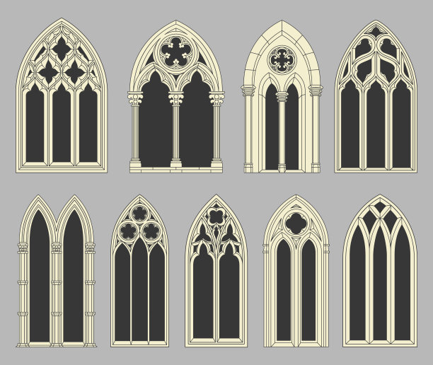 哥特式拱门教堂窗户与经典艺术详细框架集等距矢量插图图片下载